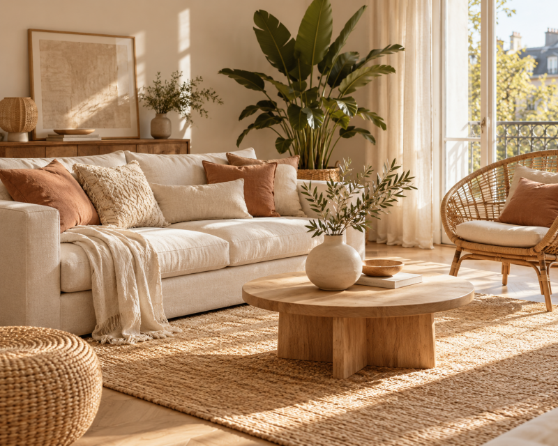 Modernes Boho-Wohnzimmer mit beigem Sofa, Rattan-Sessel, Holztisch und natürlichen Dekoelementen.