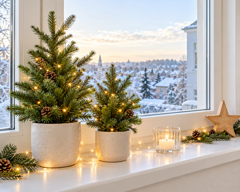 Zwei kleine Weihnachtsbäume in schlichten Keramiktöpfen mit warmen Lichtern, Glaswindlicht und Holzstern auf einer modernen Weihnachtsfensterbank