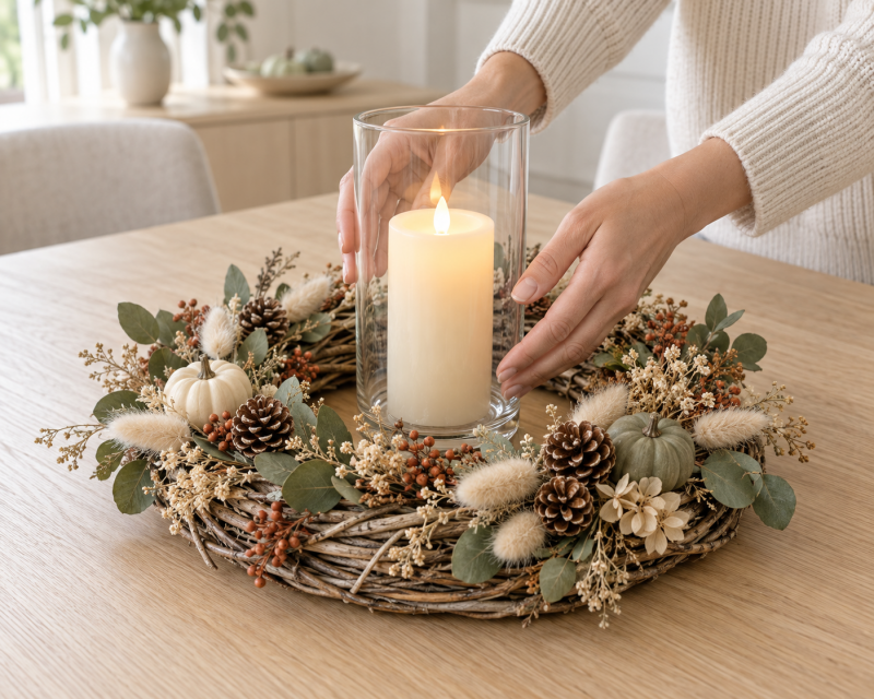 Fertiges Kerzenglas mit warmer LED-Kerze sicher in der Mitte des Herbstkranzes platzieren