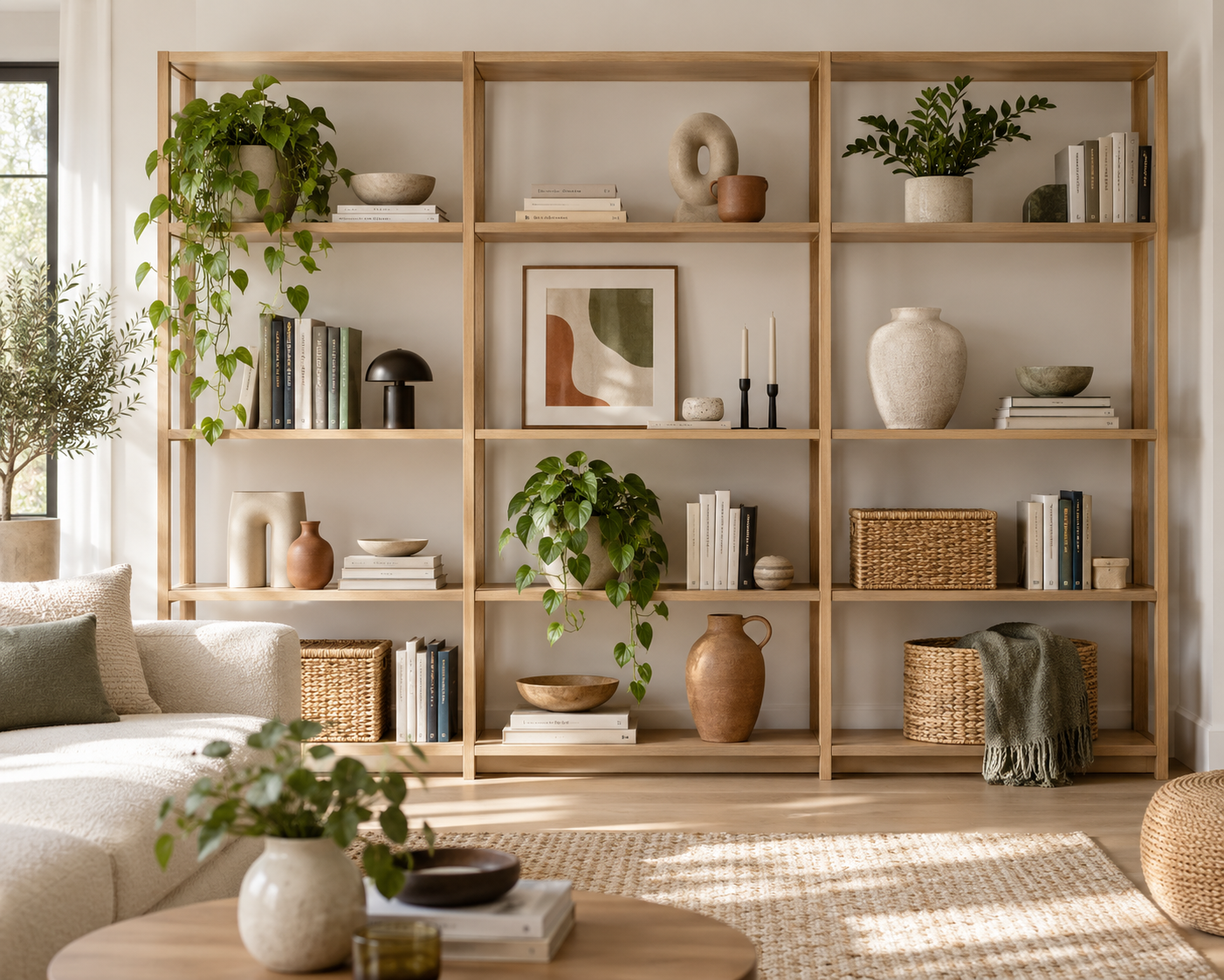 Modernes offenes Holzregal im Wohnzimmer mit Büchern, Keramik, Körben und grünen Pflanzen dekoriert.