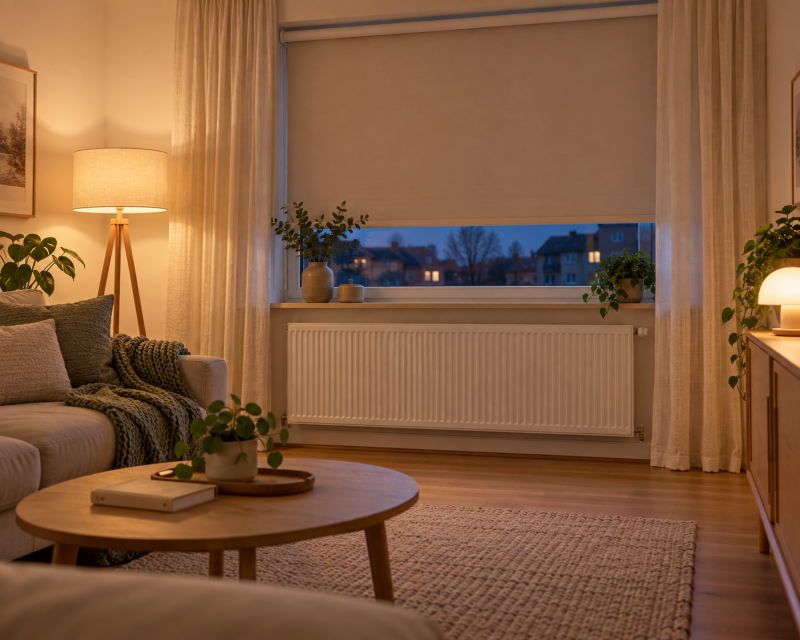 Gemütliches Wohnzimmer am Winterabend mit geschlossenem Rollo, freien Vorhängen und sichtbarem Heizkörper unter dem Fenster.
