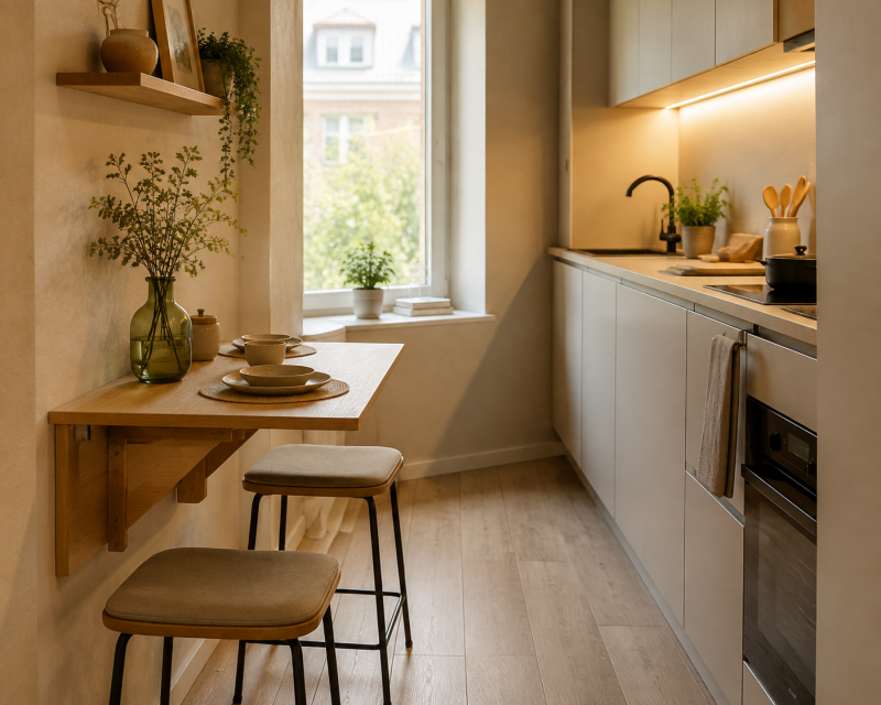Platzsparender Wandtisch mit Hockern in einer kleinen Küche