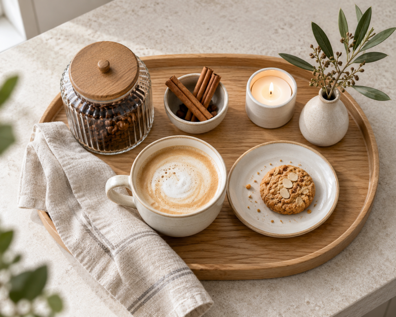 Holztablett mit Cappuccino, Keks, Kaffeebohnen, Zimt, Kerze und kleinem Zweig auf einer hellen Küchenarbeitsplatte.