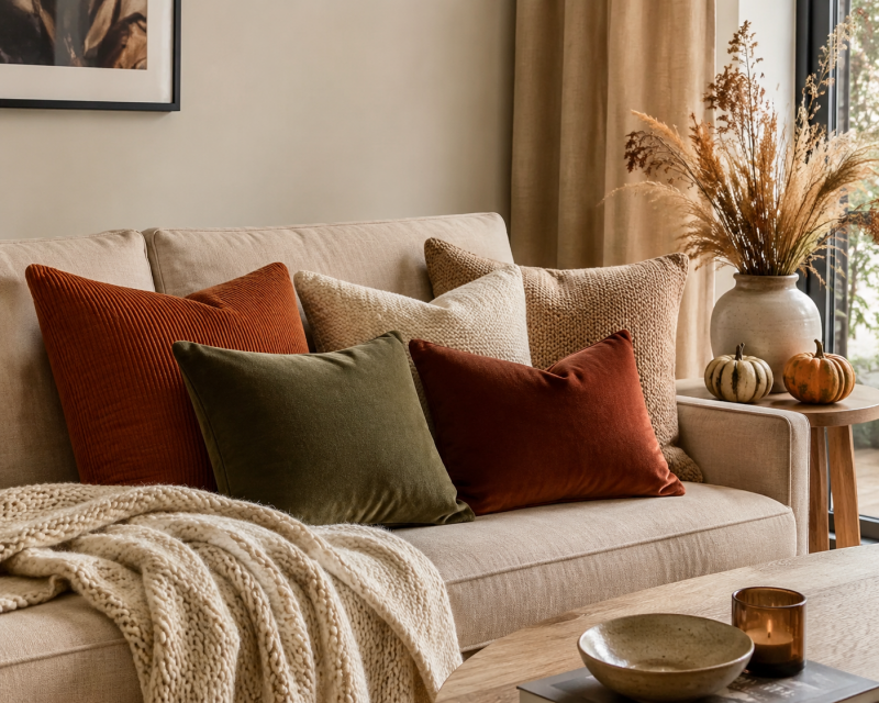 Herbstliche Kissen und Decken in Terrakotta, Creme und Olivgrün auf einem beigen Sofa