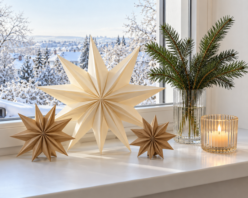 Moderne Weihnachtsfensterbank mit großen Papiersternen in Creme und Naturbraun, Tannenzweigen in einer Riffelglasvase und warm leuchtendem Windlicht