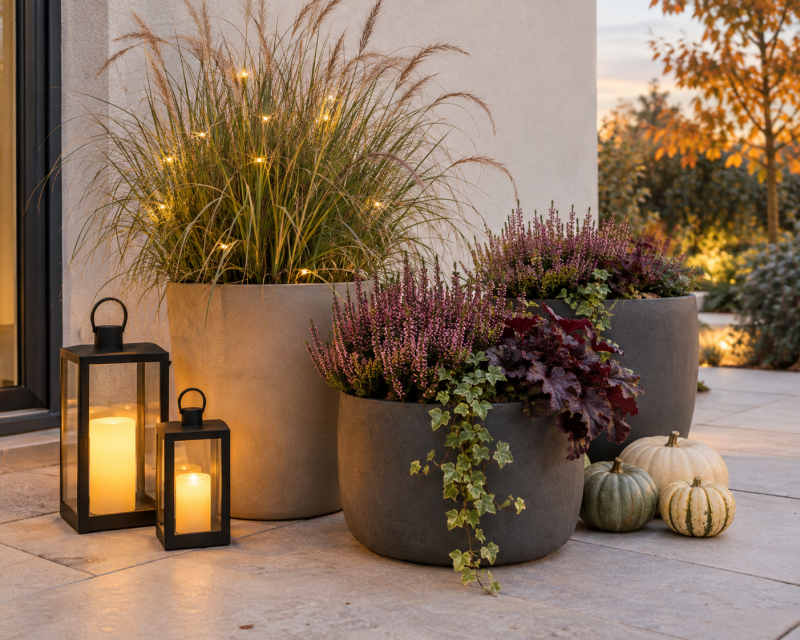 Moderne Herbstbepflanzung auf einer kleinen Terrasse mit Heide, Ziergras, Purpurglöckchen, Efeu, hellen Kürbissen und leuchtenden Laternen.