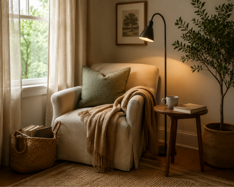 Gemütliche Leseecke mit Sessel, Decke, Leselampe, Beistelltisch und Bücherkorb
