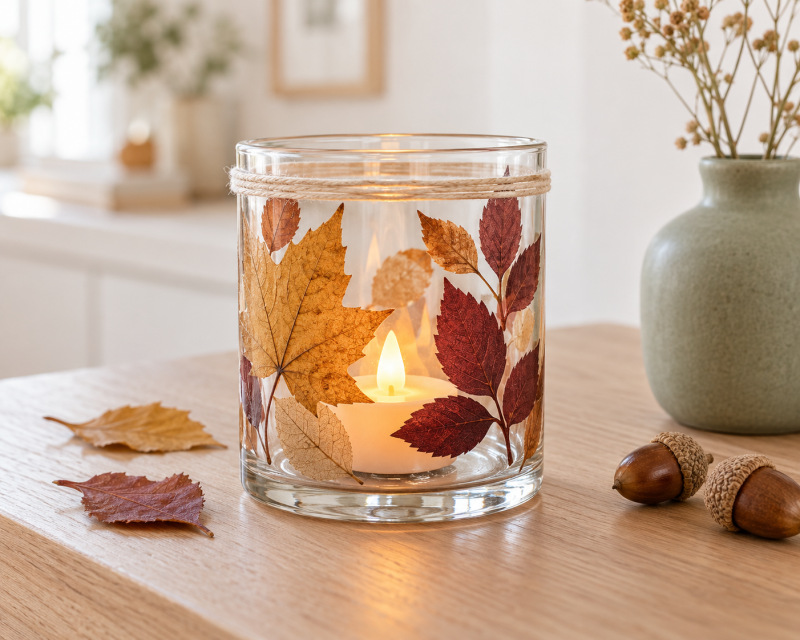 Selbst gemachtes Herbstwindlicht aus Glas mit gepressten Blättern und warmem LED-Licht