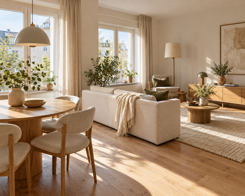 Freistehendes helles Sofa trennt einen offenen Wohn- und Essbereich mit Esstisch und gemütlicher Sitzecke.