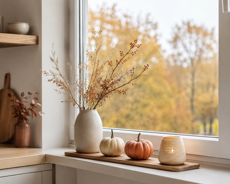 Herbstlich dekorierte Küchenfensterbank mit Vase, Zweigen, kleinen Kürbissen und warmem Licht