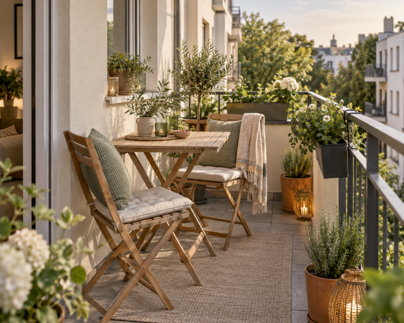 Kleinen Balkon gemütlich gestalten mit platzsparenden Holzmöbeln, Pflanzen und warmen Naturtönen