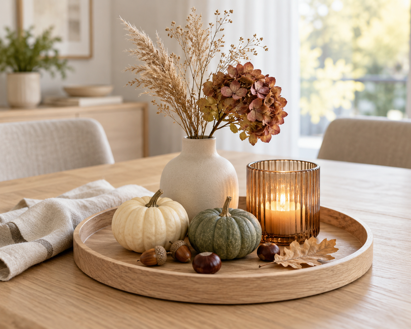 Frau arrangiert eine herbstliche Tischdeko mit Kürbis, Blättern und Kastanien auf einem Holztablett
