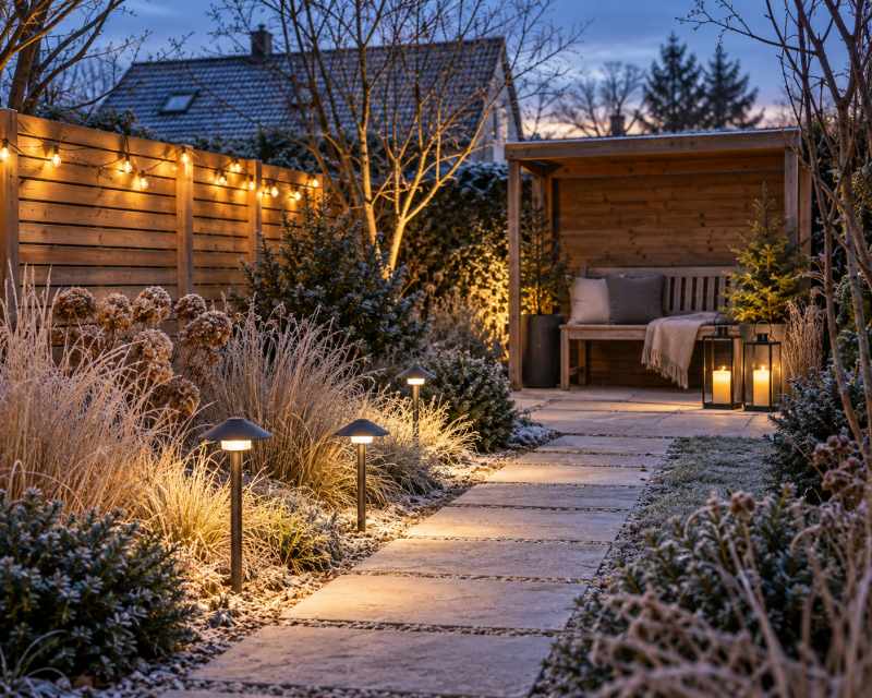 Winterlicher Gartenweg mit warmweißer Beleuchtung, Lichterkette und Laternen an der Sitzecke