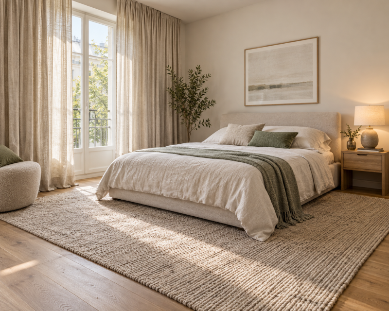 Helles gemütliches Schlafzimmer mit bodenlangen Leinenvorhängen, großem Teppich und Bett in warmen Naturtönen