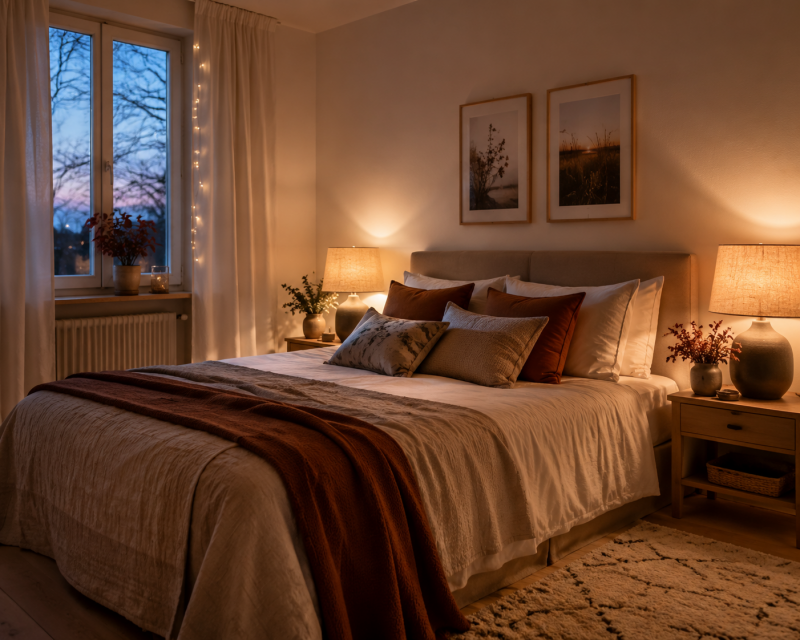 Warm beleuchtetes Schlafzimmer für gemütliche Herbstabende