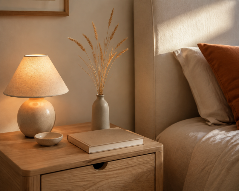 Herbstlich dekorierter Nachttisch mit Lampe und natürlichen Wohnaccessoires