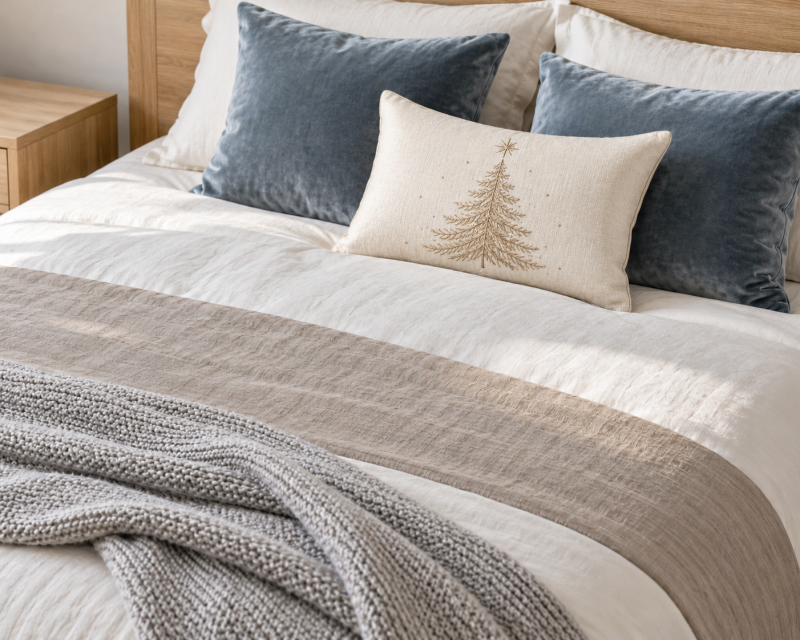 „Helles Bett mit weißer Leinenbettwäsche, rauchblauen Samtkissen, cremefarbenem Kissen mit gesticktem Weihnachtsbaum, taupefarbenem Bettläufer und grauer Strickdecke