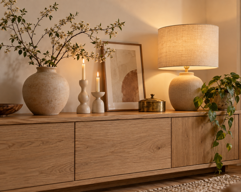 Modernes Holz-Sideboard mit Keramikvasen, Kerzenhaltern, Leinenlampe und natürlicher Dekoration.