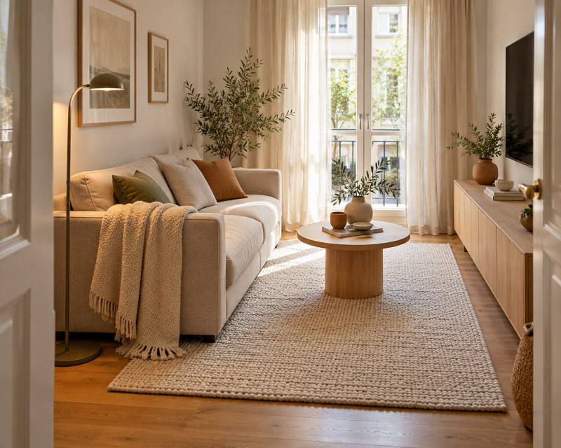 Kompaktes Sofa in einem schmalen Wohnzimmer mit freiem Laufweg, rundem Couchtisch und hellem Teppich.