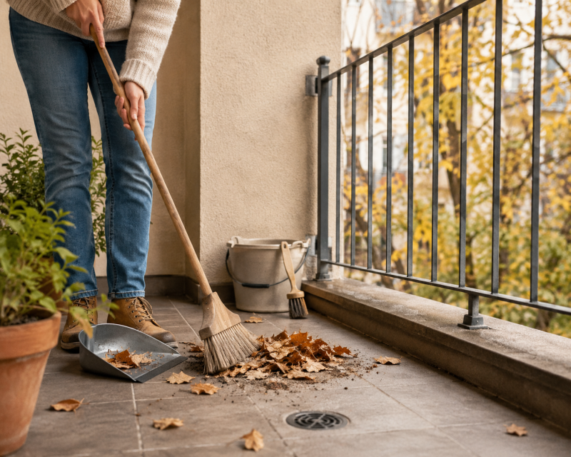 Kleiner Balkon wird im Herbst von Laub und Erde befreit und für den Winter vorbereitet