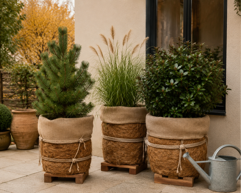 Winterharte Kübelpflanzen mit Jute und Kokosmatten vor Frost geschützt