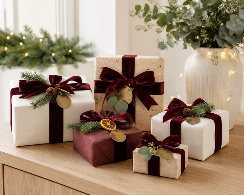 Elegant verpackte Weihnachtsgeschenke in Creme und Burgunderrot mit Samtbändern, Tannenzweigen und goldenen Anhängern.