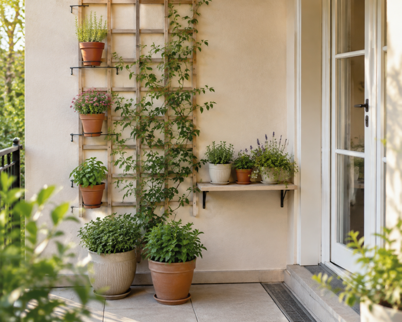 Vertikale Terrassenbepflanzung mit Rankgitter, Kräutern und Blumentöpfen auf unterschiedlichen Höhen