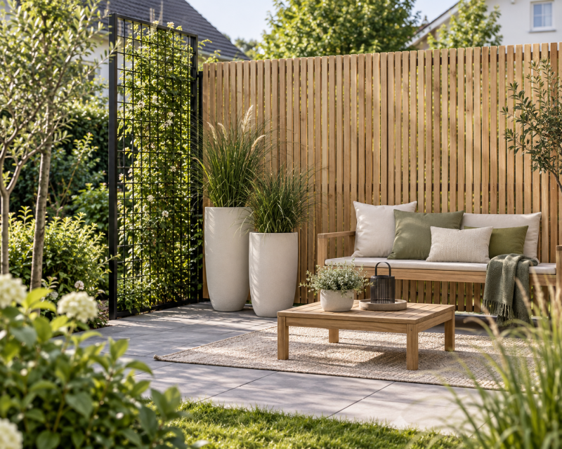 Moderner Sichtschutz im Garten aus hellen Holzlamellen, Rankgitter und hohen Pflanzkübeln