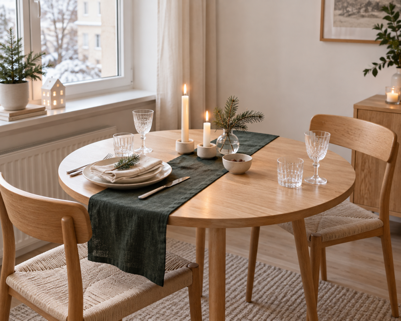 Kleiner runder Esstisch mit schlichtem Weihnachtsgedeck, dunkelgrünem Läufer, Kerzen, Tannenzweig und viel freiem Platz für das Essen.