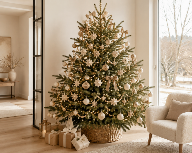 Modern geschmückter Weihnachtsbaum mit beigen Kugeln, Papiersternen, Samtschleifen, Holzperlengirlande und warmweißen Lichtern