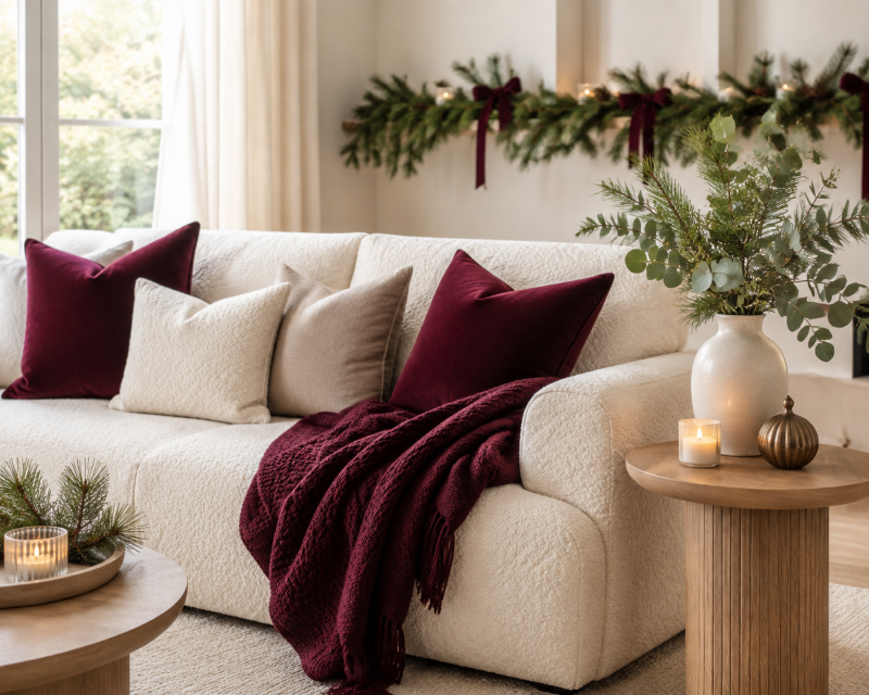 Helles Wohnzimmer mit burgunderroten Samtkissen, kuscheliger Strickdecke, Tannengrün und dezenten goldenen Akzenten.