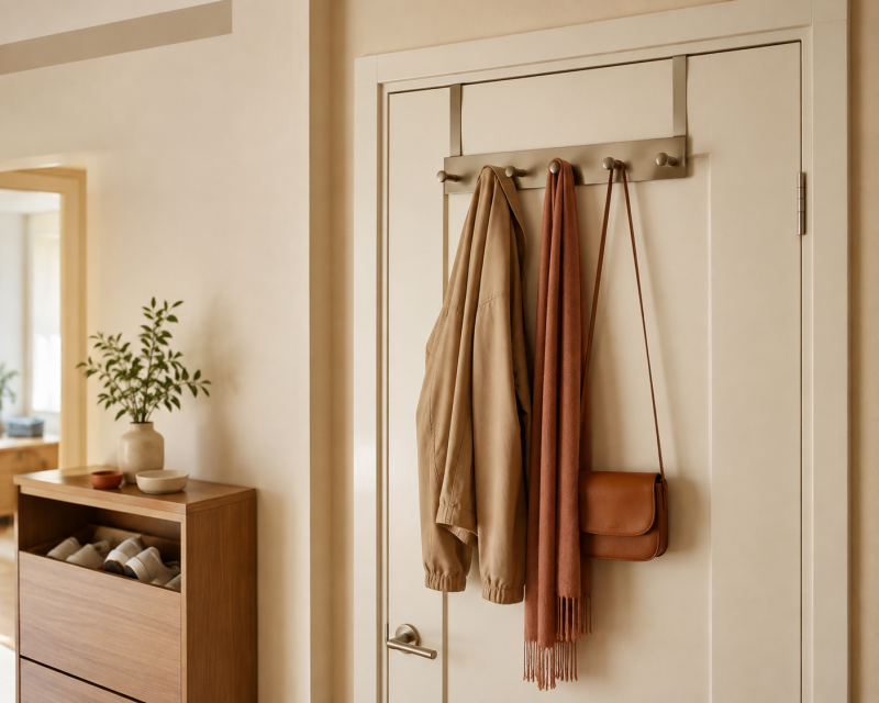 Türgarderobe ohne Bohren mit Haken für Jacke, Schal und Handtasche in einem kleinen Flur