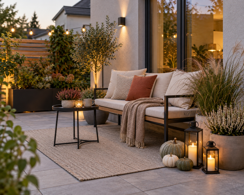 Kleine moderne Terrasse herbstlich dekoriert mit warmweißer Lichterkette, Laternen, Kürbissen, Ziergräsern und einer gemütlichen Sitzecke in Naturtönen