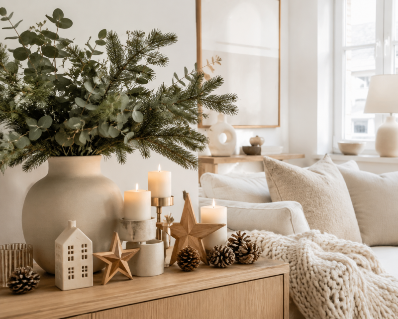 Helle Winterdeko in Beige und Naturtönen mit Keramikvase, Tannenzweigen, Kerzen, Holzsternen und kuscheligen Textilien