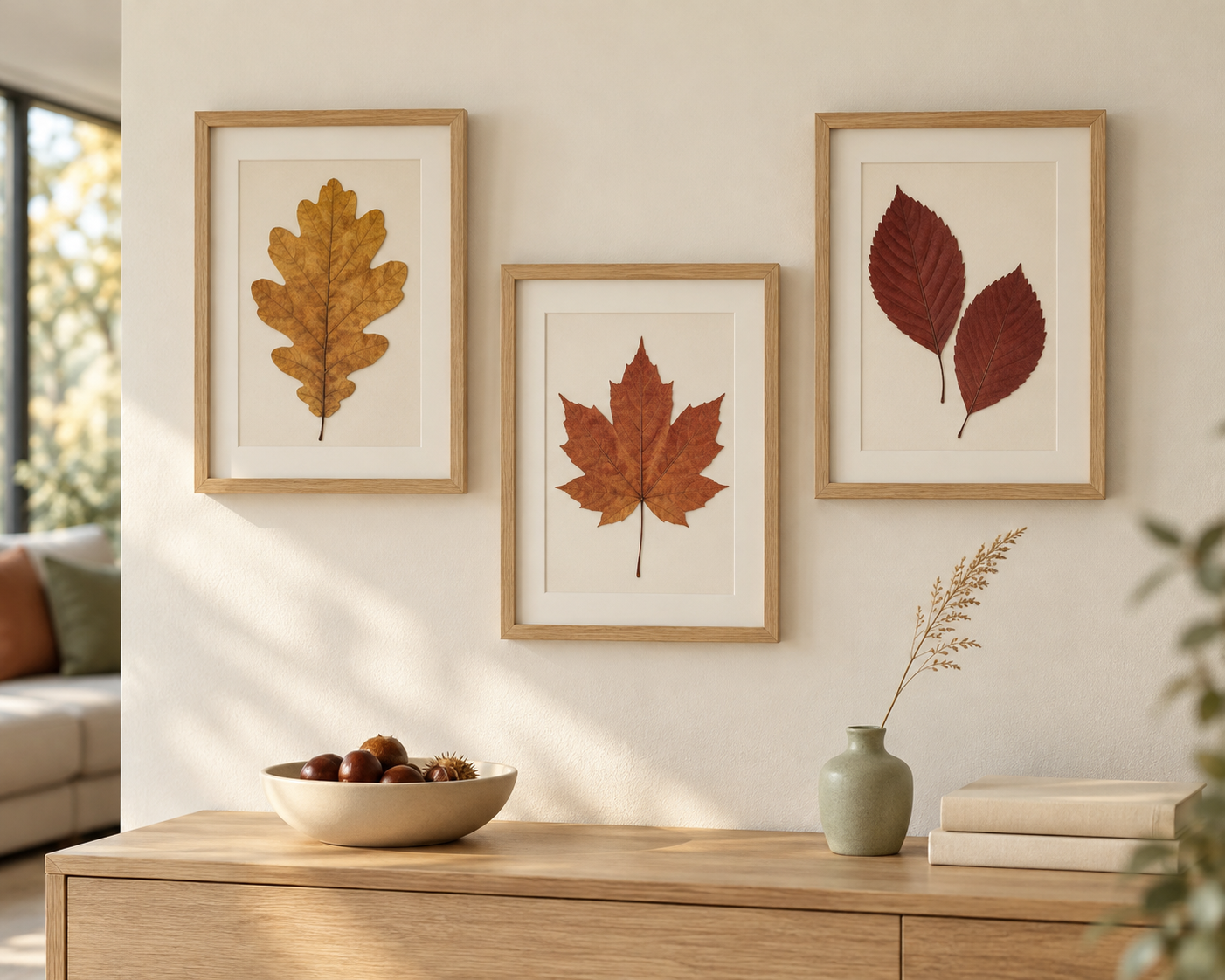 Gepresste Herbstblätter in modernen Bilderrahmen aus hellem Holz