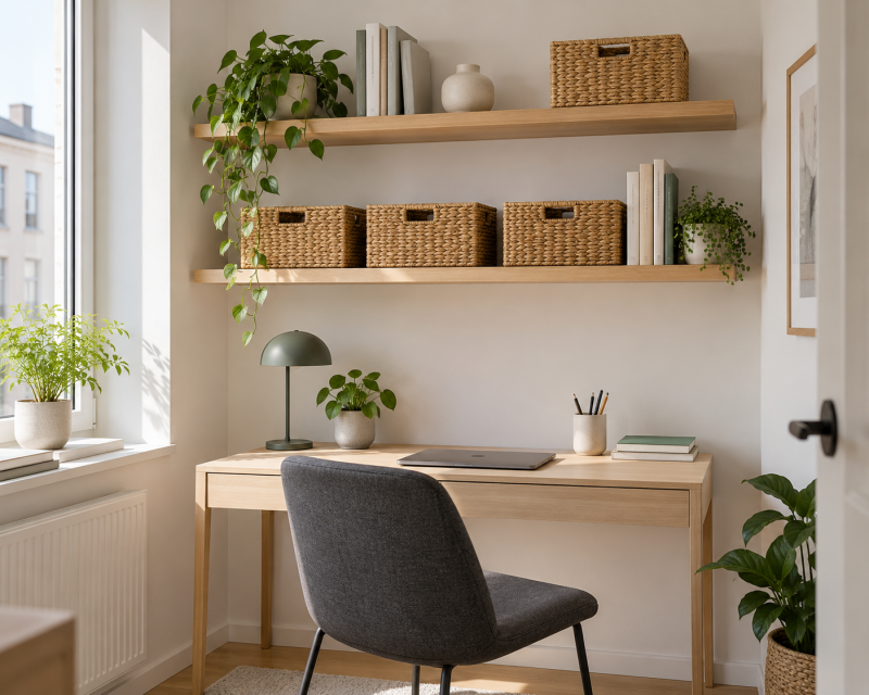 Heller kleiner Arbeitsplatz mit Wandregalen aus Holz und einheitlichen geflochtenen Körben für ordentlichen Stauraum.