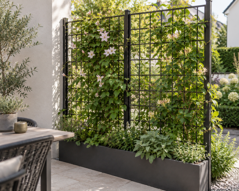 Bepflanztes Rankgitter mit Clematis und Geißblatt als natürlicher Sichtschutz für die Terrasse