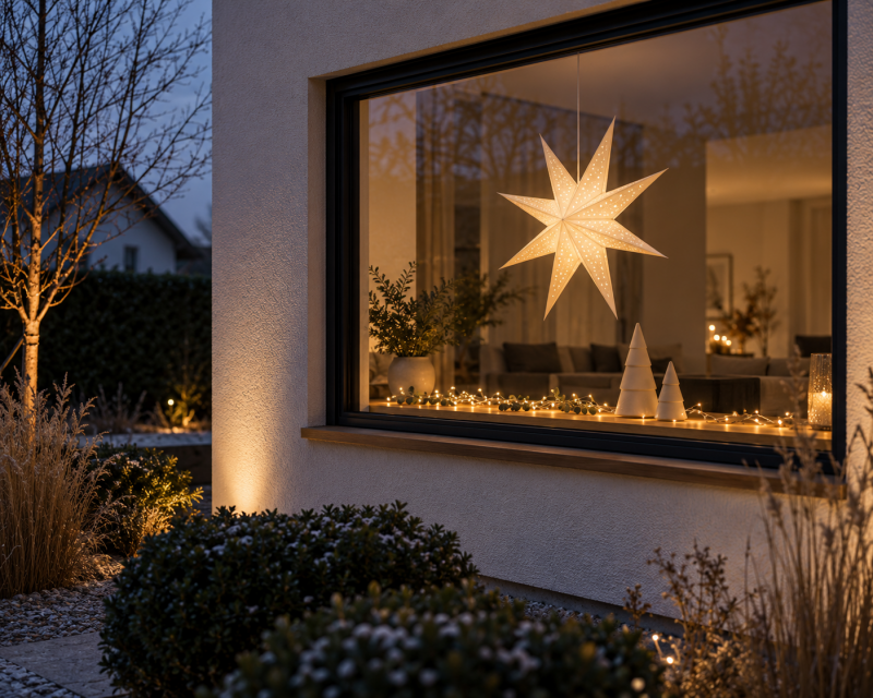 Modernes Wohnfenster zur Winterzeit mit leuchtendem Papierstern, feiner warmweißer Lichterkette und schlichter Weihnachtsdeko auf der Fensterbank.