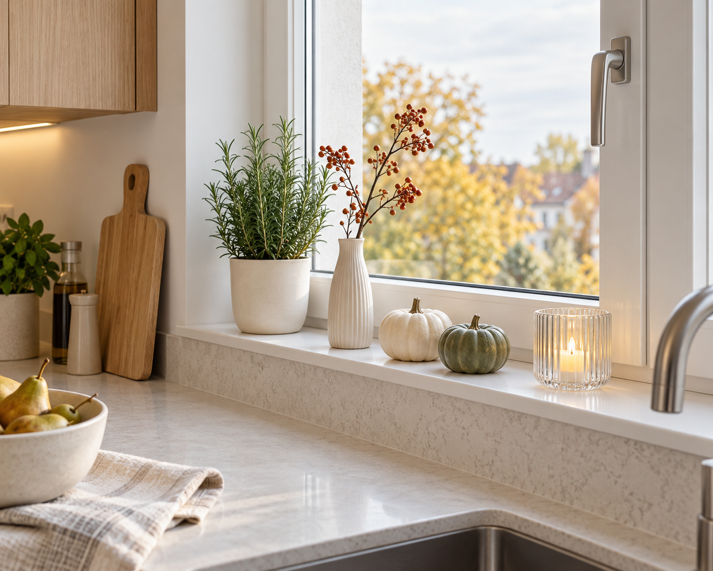 Schmale Küchenfensterbank mit Kräutern, Herbstzweigen, kleinen Kürbissen und LED-Windlicht
