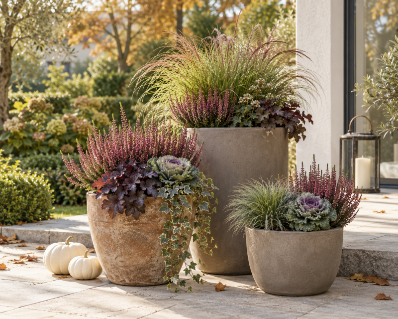 Herbstlich bepflanzte Blumenkübel mit Heidekraut, Ziergras und Kürbissen
