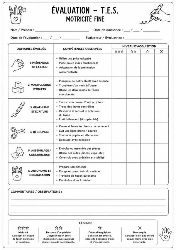 Feuille évaluation de la motricité fine