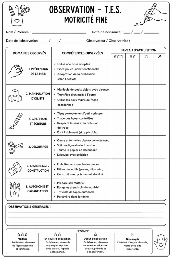 Feuille d'observation de la motricité fine