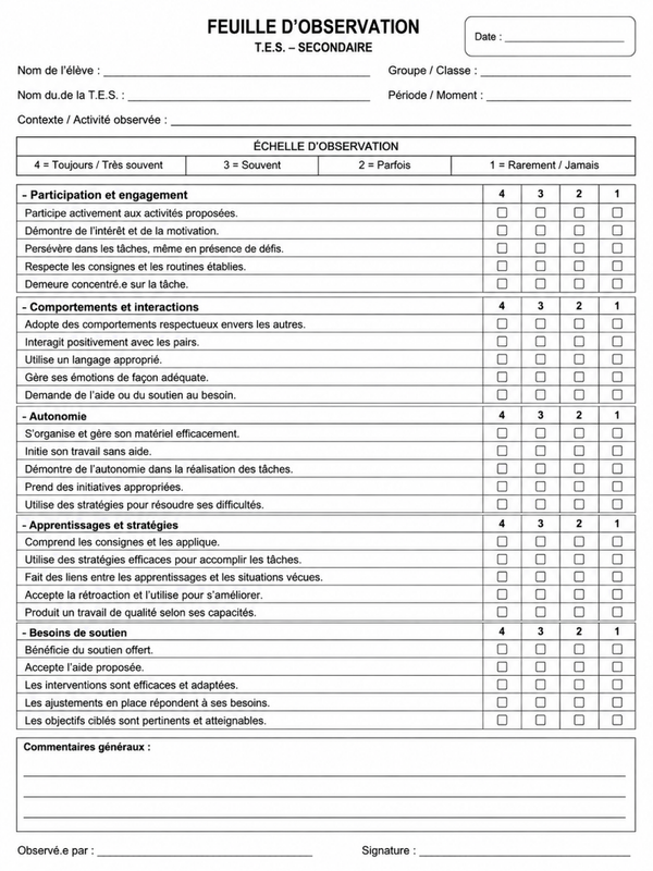 Feuille d'observation pour T.E.S. au secondaire
