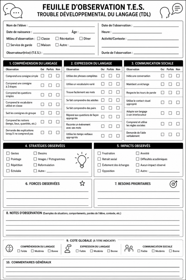 Feuille d'observation pour TDL