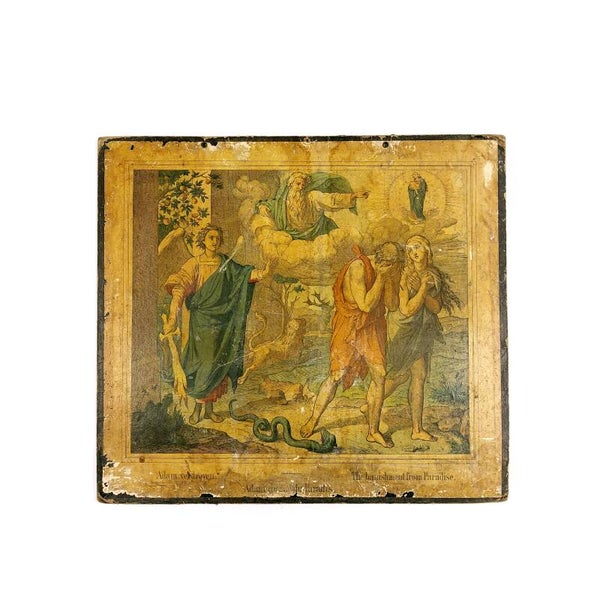 Oude religieuze schoolkaart 'de verdrijving uit het paradijs'