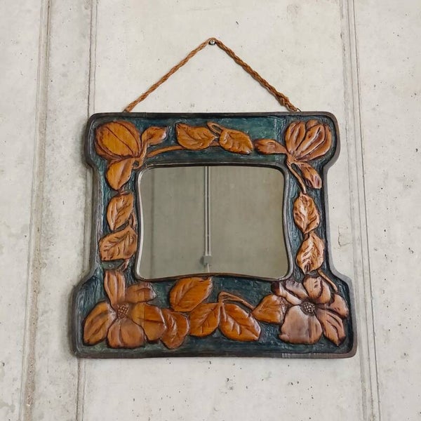 Houten spiegel met botanisch decor - art nouveau / art deco