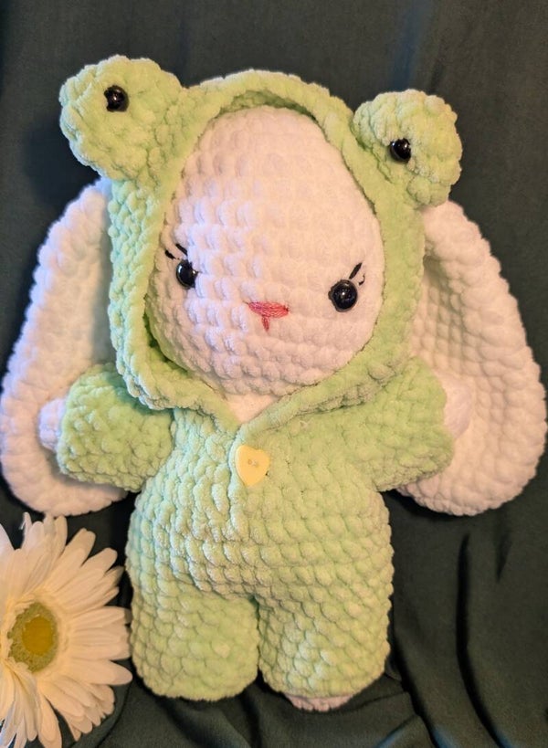 White Bunny Wearing Frog Pajamas