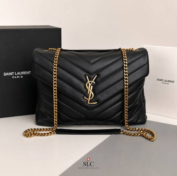 Saint Laurent Loulou Large in Pelle Nera Matelassé con Gold Hardware