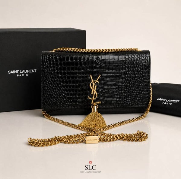 Saint Laurent Kate Medium Crocodile-Embossed Leather Black Gold Hardware