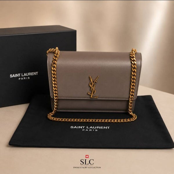 SAINT LAURENT Sunset Medium in Pelle Taupe con Gold Hardware